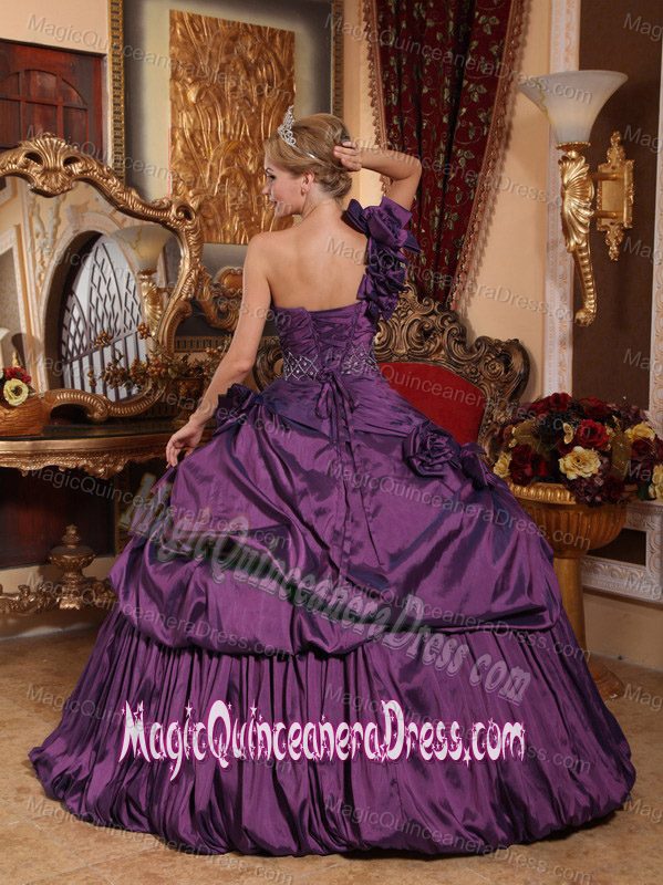 Classic Flowery Purple One Shoulder Beading Quinceanera Gown Floor-length