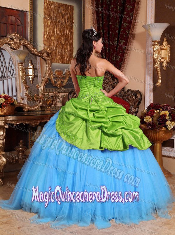 Upscale Strapless Appliques and Beading Spring Green and Blue Sweet 15 Dress
