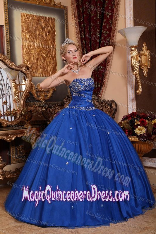 Simple Blue Strapless Taffeta and Tulle Appliques Quinceanera Ball Gown