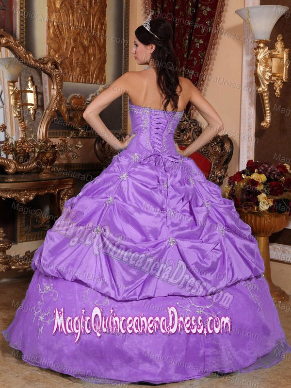 Strapless Lilac Floor-length Beaded Taffeta and Organza Quince Dresses