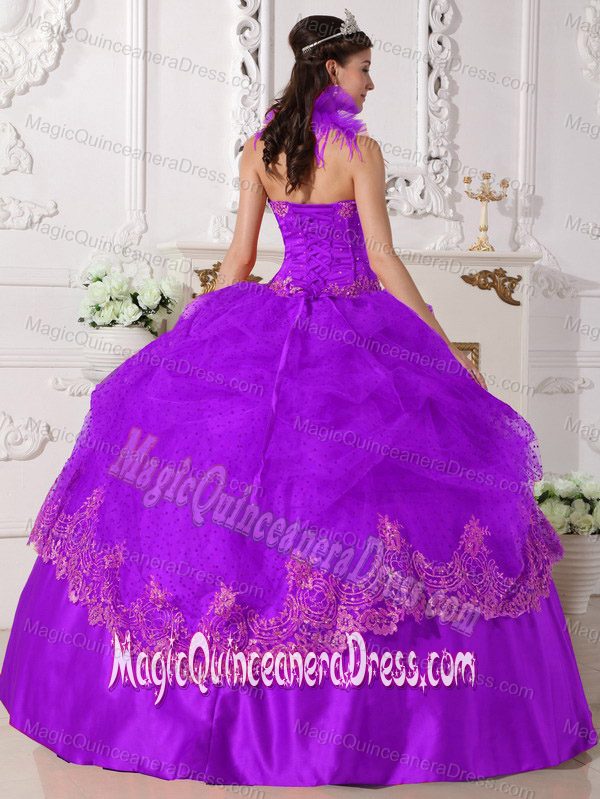 Purple Halter Top Beading and Appliques Puffy Quinceanera Gown in Greenville