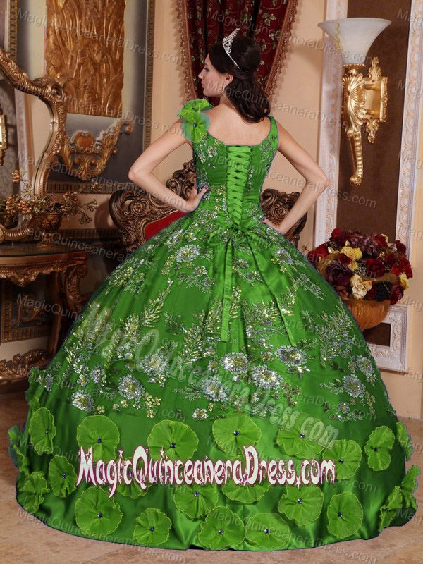 Green Ball Gown V-neck Floor-length Beading and Appliques Quinceanera Dress