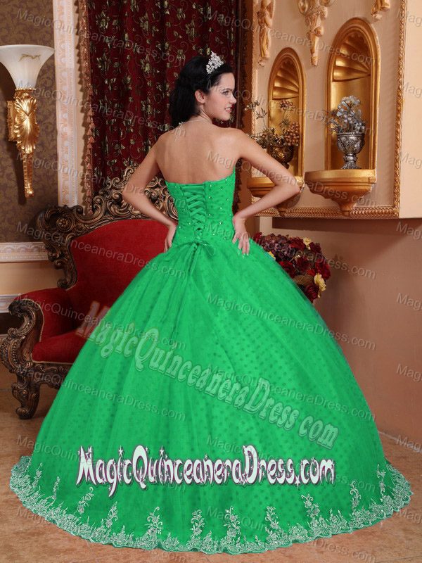 Green Ball Gown Strapless Floor-length Tulle Lace Appliques Quinceanera Dress