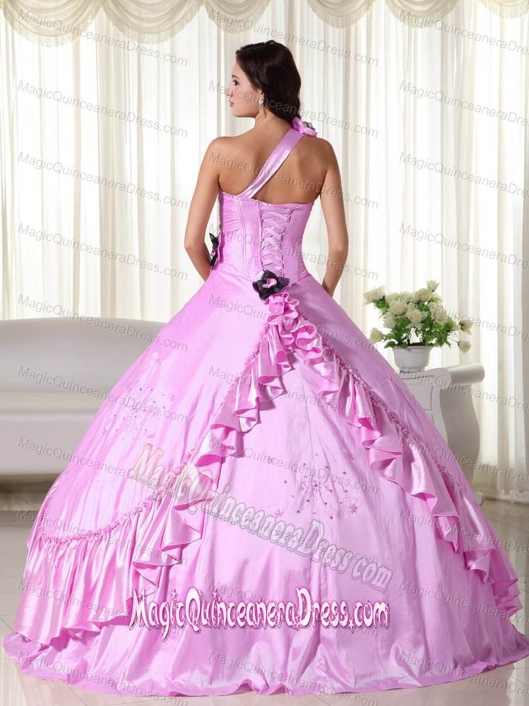 Pink Ball Gown One Shoulder Beaded Taffeta Quinceanera Dress Floor-length