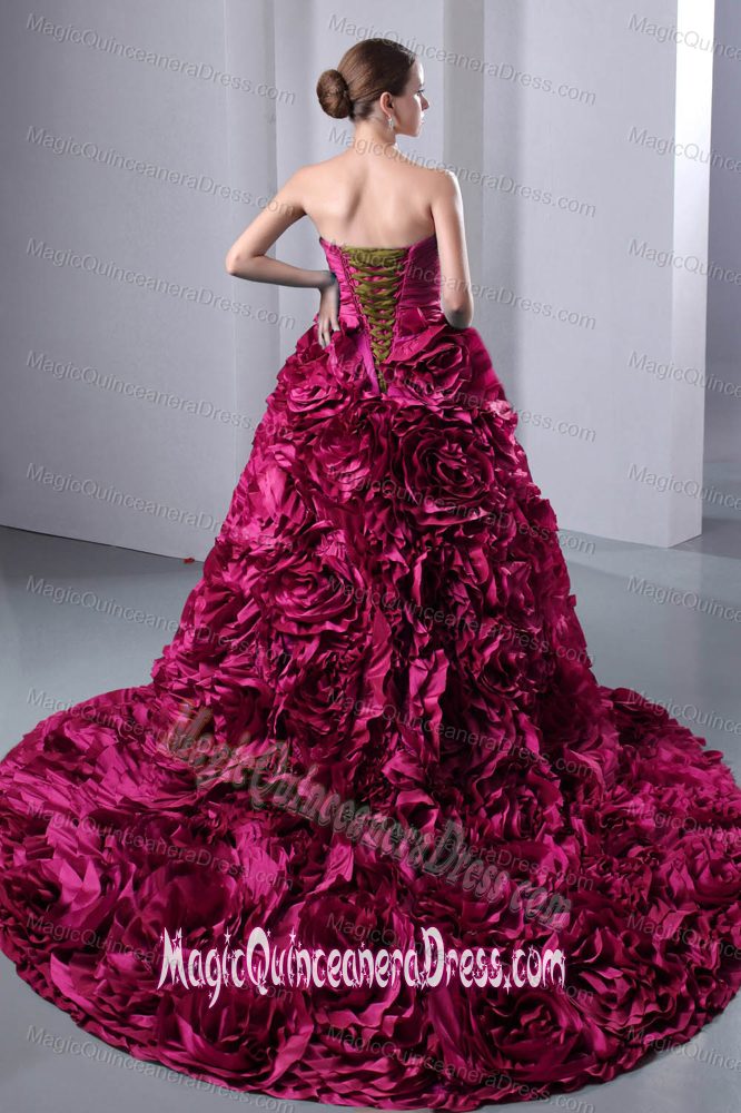 Long Fuchsia Sweetheart Ruching and Flowers Sweet 15 Dress in Providence