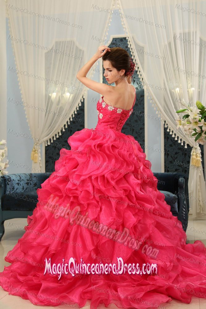 One Shoulder Coral Red Appliques and Ruffles Sweet 16 Dresses in Watertown