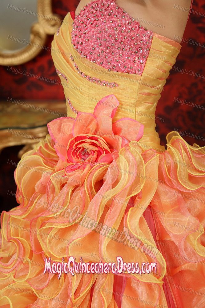 One Shoulder Multi-Color Hand Made Flowers Court Train Quinceanera Dress