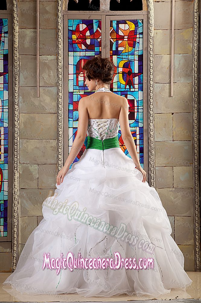 White A-line Halter Floor-length Organza Quinceanea Dress with Green Sash