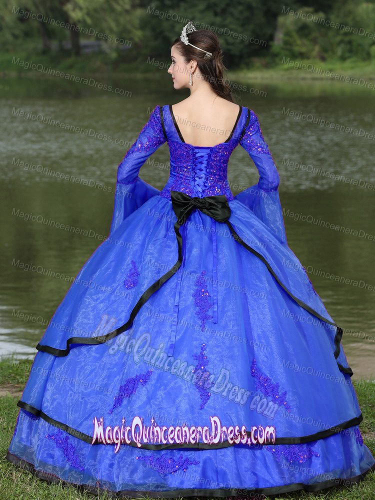 V-neck Long Sleeves Appliques Decorate Blue Quinceanera Dress in Plymouth