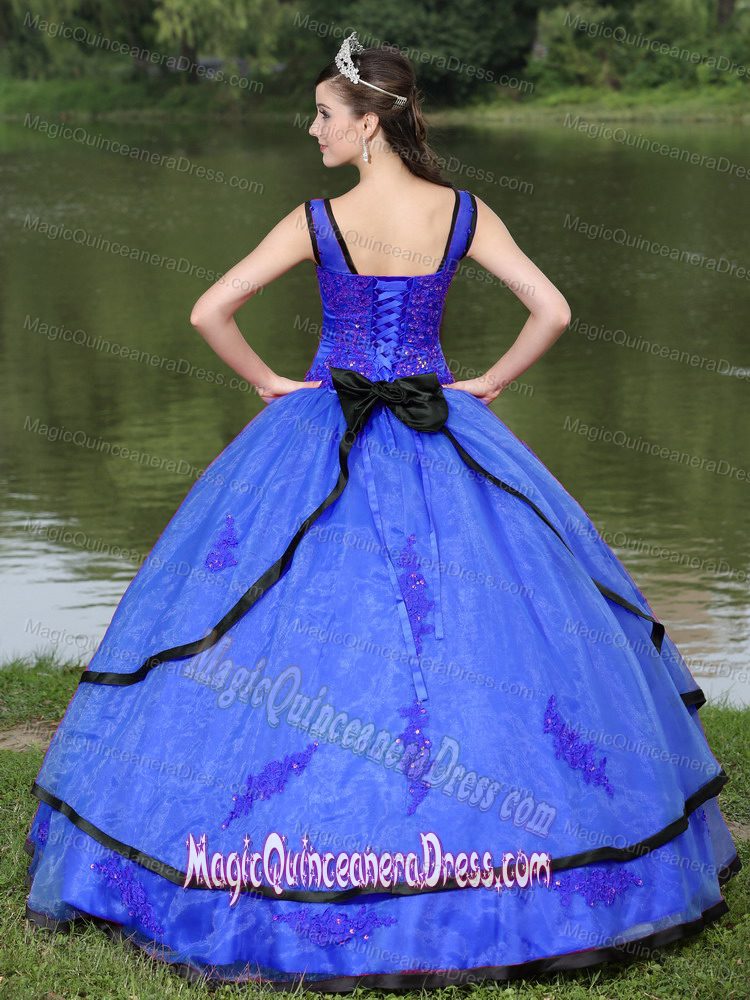 V-neck Long Sleeves Appliques Decorate Blue Quinceanera Dress in Plymouth