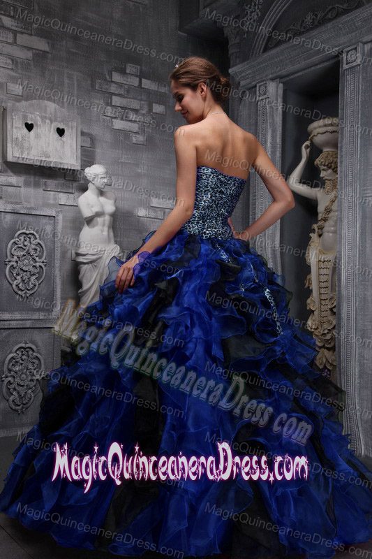 Blue Sweetheart Zebra and Organza Ruffles and Beading Quinceanera Dress