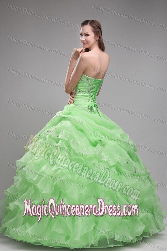 Spring Green Ball Gown Strapless Organza Beading and Ruffles Sweet 15 Dresses