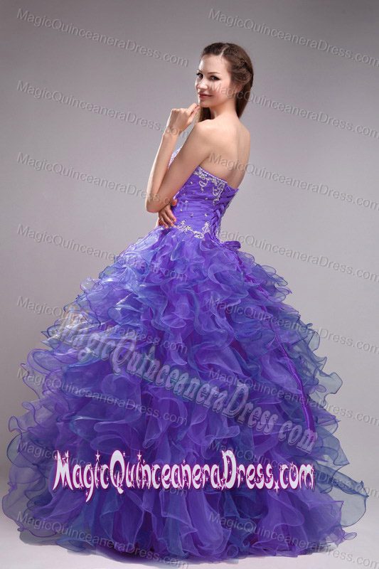 Purple Sweetheart Organza Appliques Sweet Sixteen Dresses with Ruffles