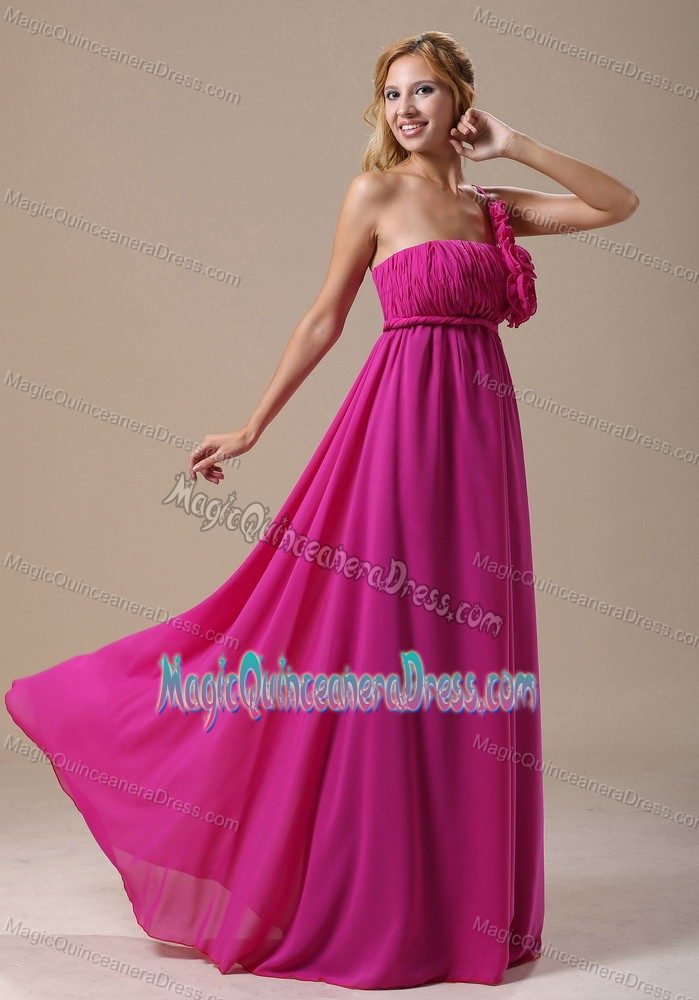 Modest Flowers One Shoulder Fuchsia Brush Quince Damas Dress with Ruche