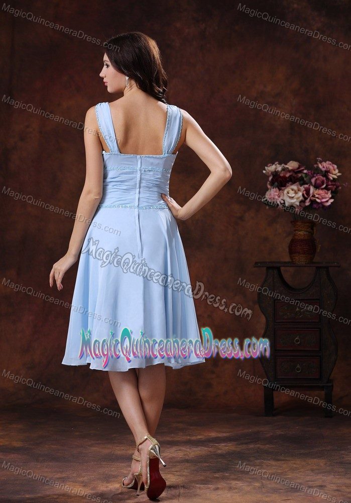 Lovely Light Blue V-neck Knee-length Dress For Dama with Beading in Troy