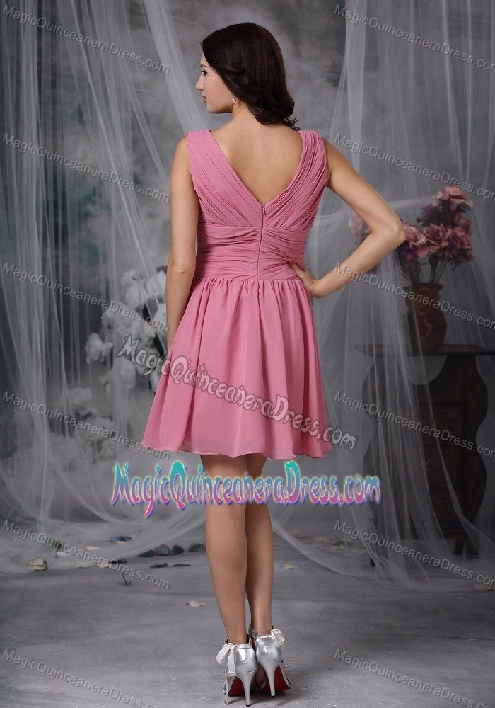 Cute Rose Pink Ruched V-neck Mini-length Prom Dresses For Dama in Erie