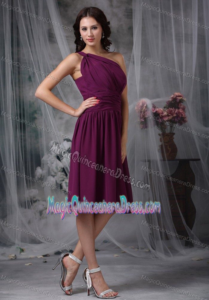 Dark Purple One Shoulder Knee-length Quinceanera Dama Dress with Ruche