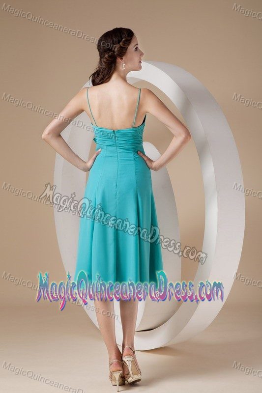 Turquoise Ruched Knee-length Damas Quinceanera Dress with Straps and Bow