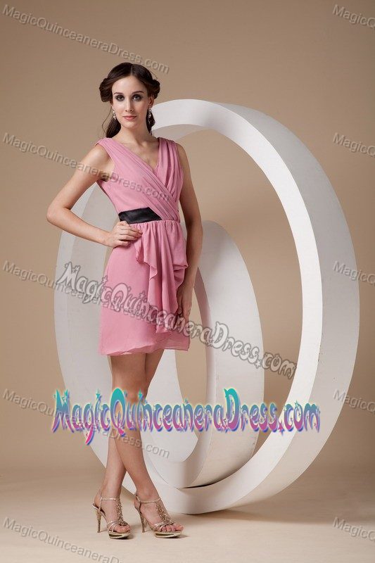 Pretty Rose Pink Ruched V-neck Mini-length Quince Dama Dresses in Bronx