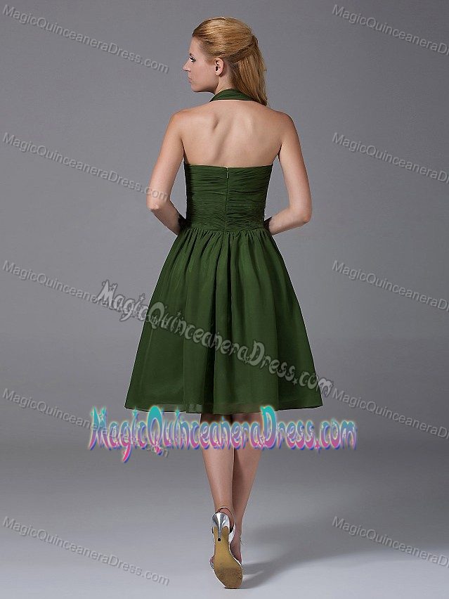 Halter Olive Green Knee-length Damas Quinceanera Dress with Ruche in Erie