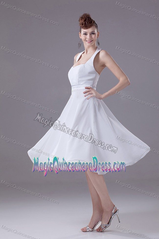 Simple Halter Tea-length White Chiffon Dama Quinceanera Dress in Chicago