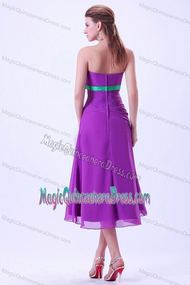 Special Purple Strapless Tea-length Damas Dresses with Green Belt in Bronx