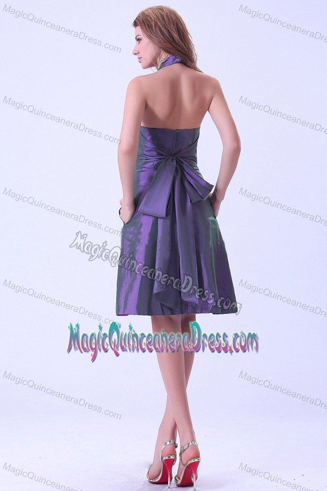 Lovely Purple Halter Knee-length Party Dama Dresses with Pocket and Sash