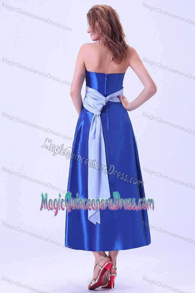 Simple Royal Blue Strapless Tea-length Dama Dresses with Grey Sash in Erie