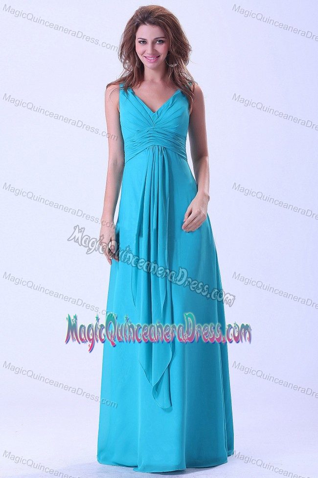 Beautiful Aqua Blue Ruched V-neck Floor-length Damas Quinceanera Dress