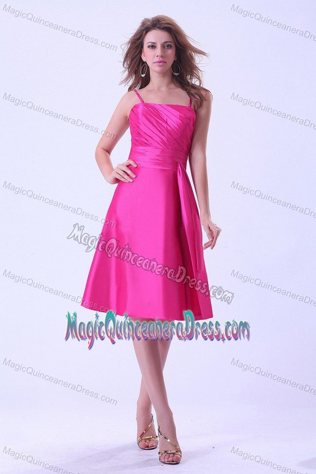 Wholesale Hot Pink Knee-length Dama Quinces Dress with Straps and Sash