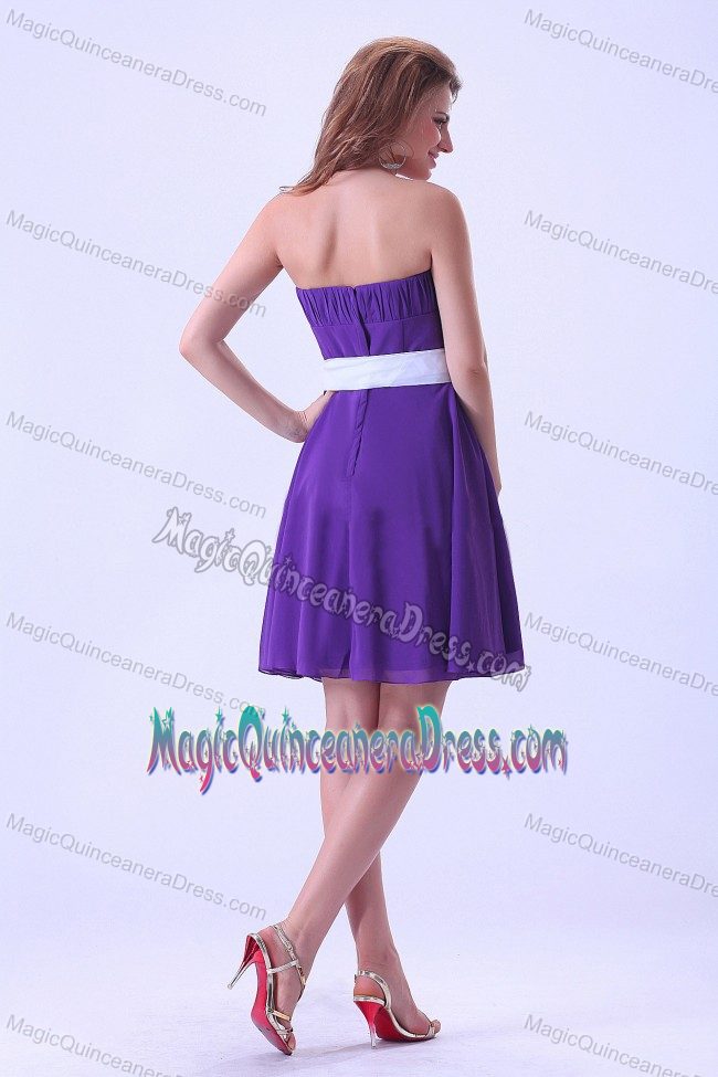 Lovely Ruched Strapless Purple Knee-length Dama Dresses with White Sash