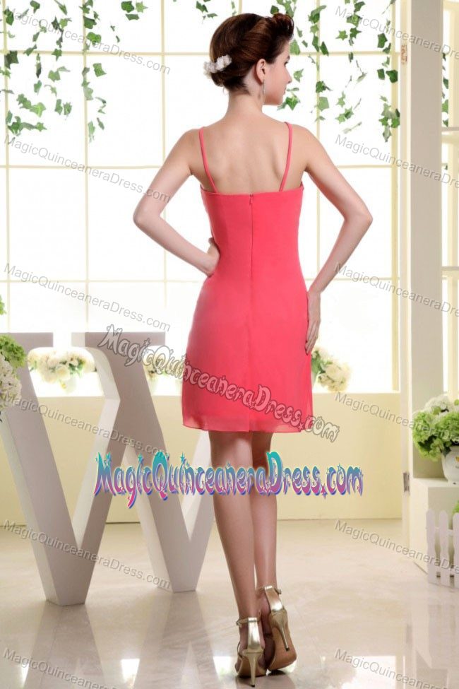 Simple Watermelon Red Mini-length Party Damas Dress with Spaghetti Straps