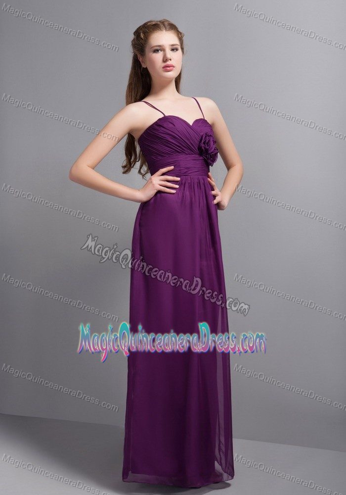 Sexy Purple Ruched Ankle-length Party Dama Dress with Straps and Flowers