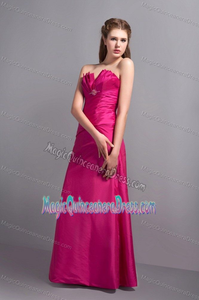 Elegant Hot Pink V-neck Beaded Long Dama Dresses For Quince with Ruche