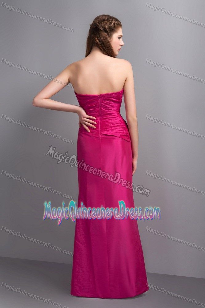 Elegant Hot Pink V-neck Beaded Long Dama Dresses For Quince with Ruche