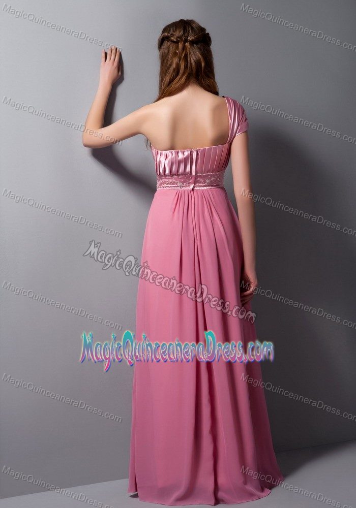 Special One Shoulder Pink Floor-length Quinceanera Dama Dresses with Beading