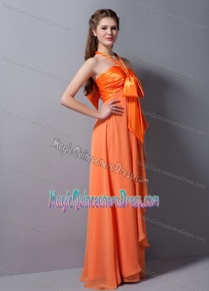 Orange Red Halter V-neck Full-length 15 Dresses For Damas with Bowknots