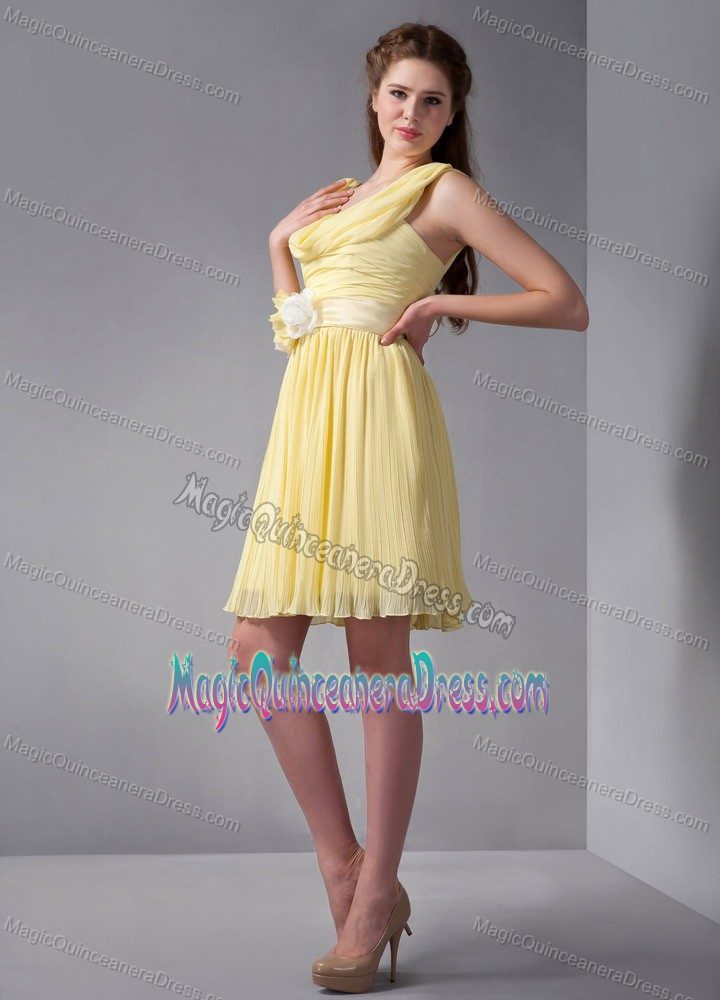 Pretty Yellow Ruched V-neck Mini-length 15 Dresses For Dama with Flowers