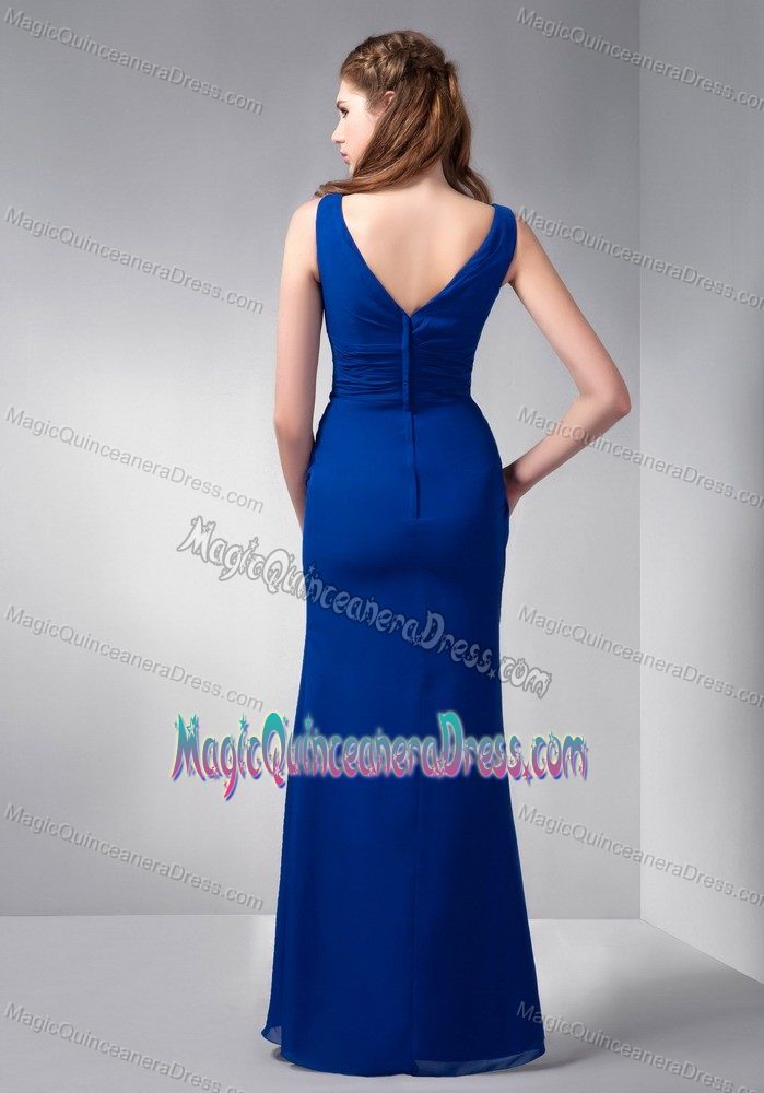 Elegant Ruched V-neck Royal Blue Full-length Quince Dama Dresses in Taos