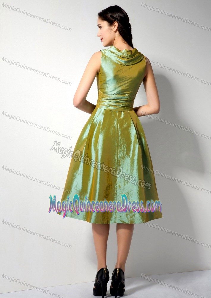 Elegant Olive Green V-neck Tea-length Dress For Damas with Ruche in Boise