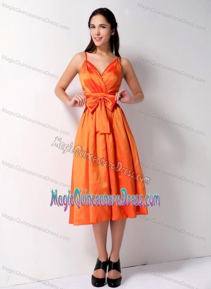 Low Back Orange Tea-length Prom Dresses For Dama with Straps and Bow