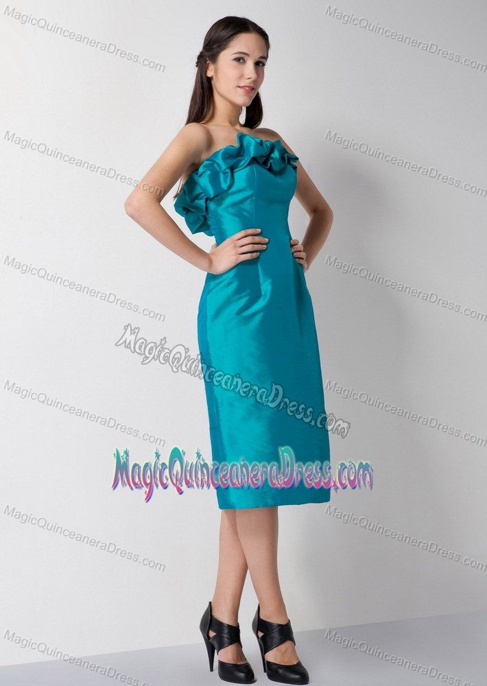 Special Teal Ruffled Strapless Tea-length Damas Dresses For Quince in Peoria