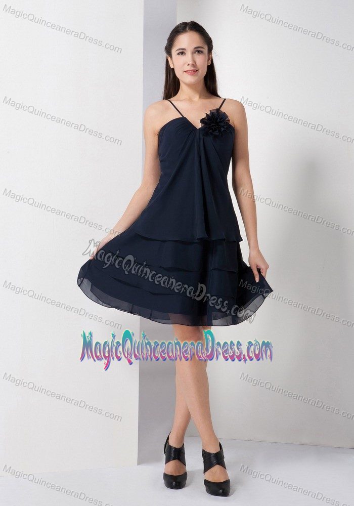 Lovely Navy Blue Mini-length Quinceanera Damas Dress with Flower and Straps