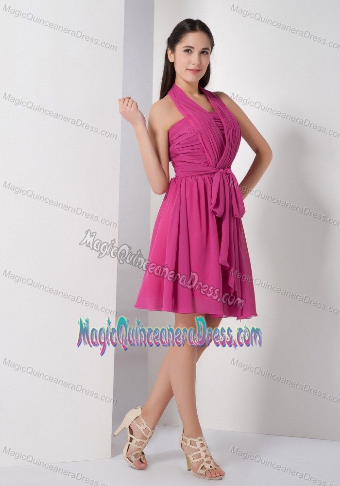 Zipper-up Fuchsia Ruched Halter Knee-length Dresses For Dama with Sash