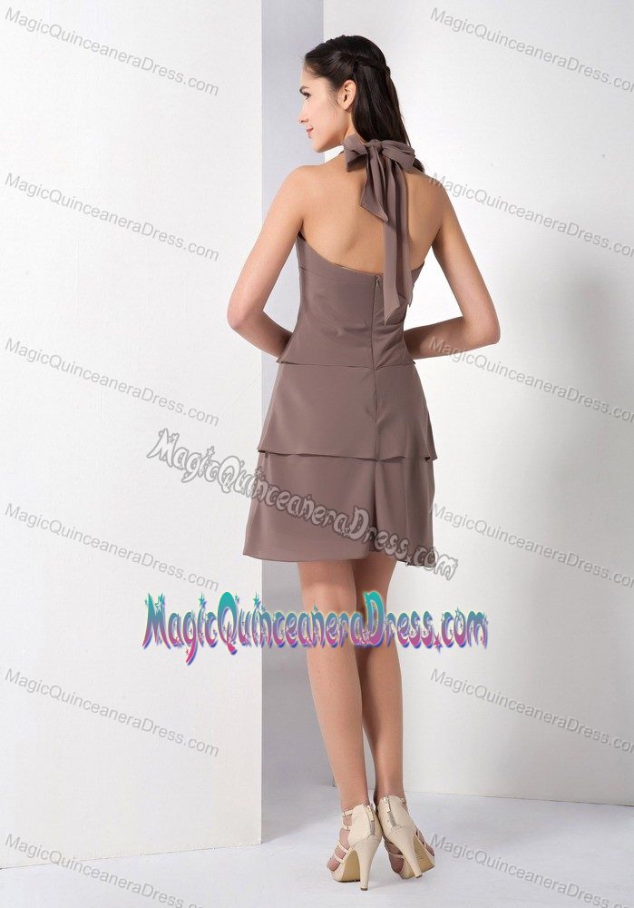 Simple Brown V-neck Halter Short Quince Dama Dress with Layers in Boise