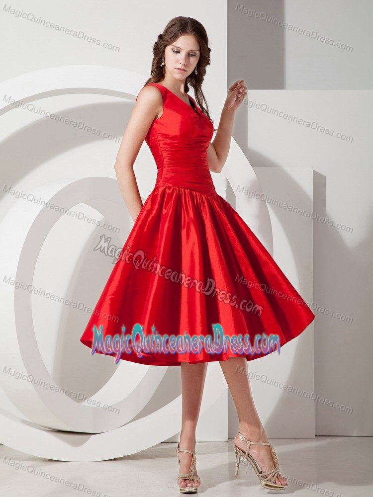 Wholesale Red V-neck Tea-length Cocktail Dresses For Damas with Ruche