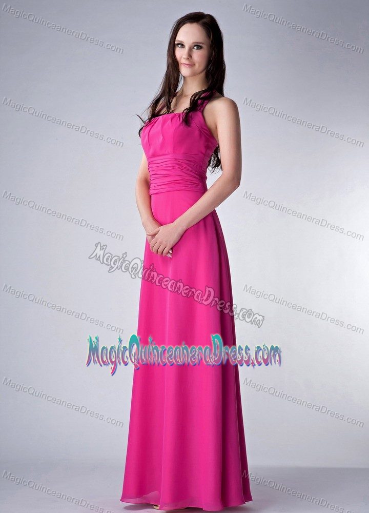 Sexy Halter Fuchsia Floor-length Prom Dress For Dama with Ruche in Storrs