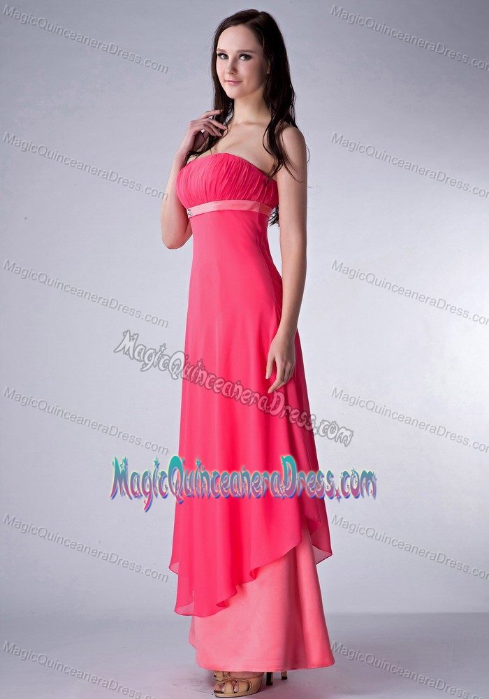 Red and Watermelon Ruched Strapless Ankle-length 15 Dresses For Damas
