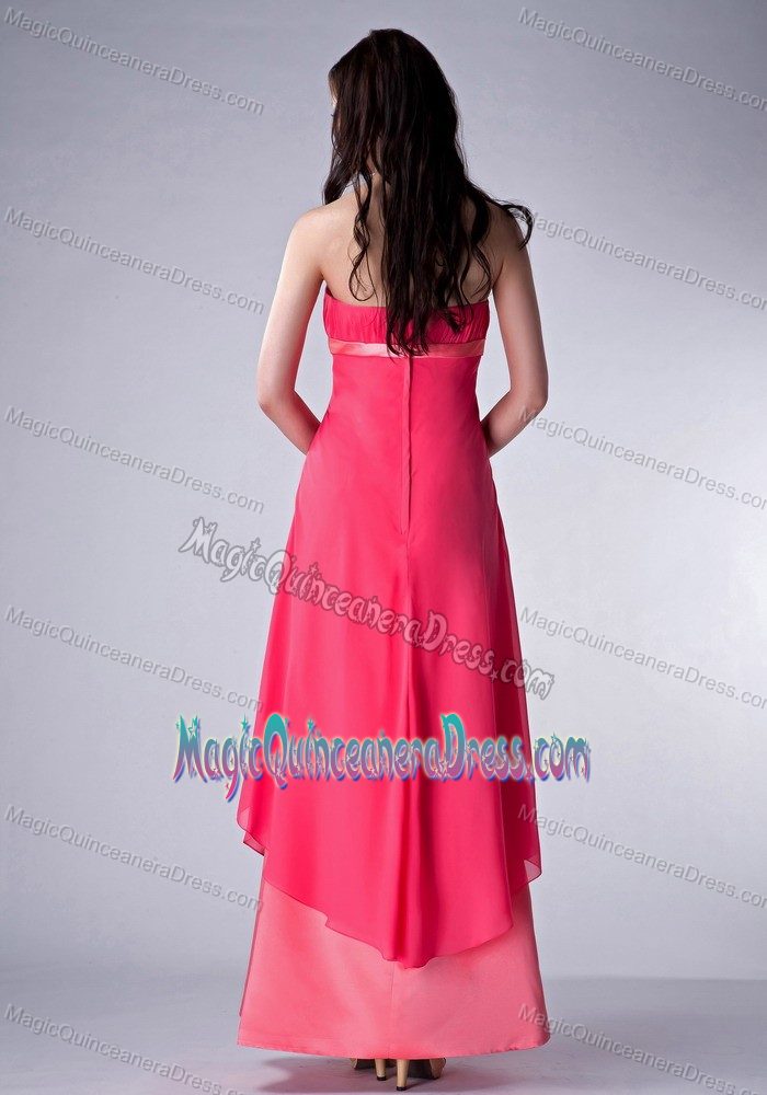 Red and Watermelon Ruched Strapless Ankle-length 15 Dresses For Damas