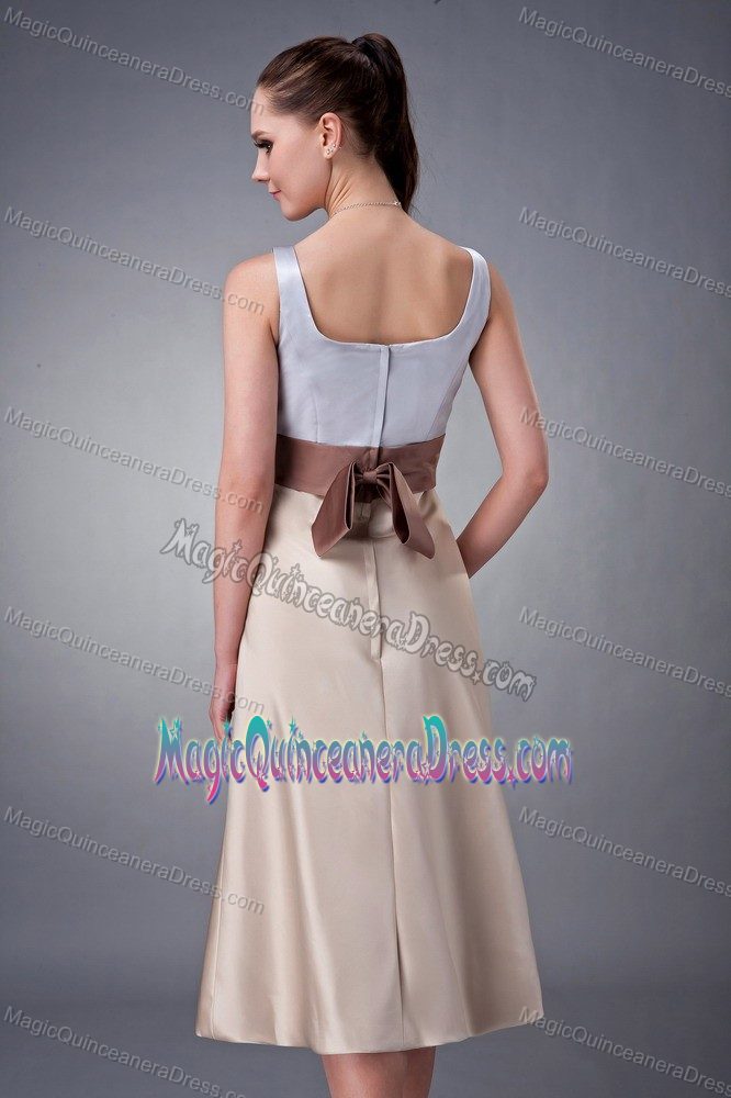 Silver and Champagne Scoop Tea-length Prom Dresses For Dama with Belt
